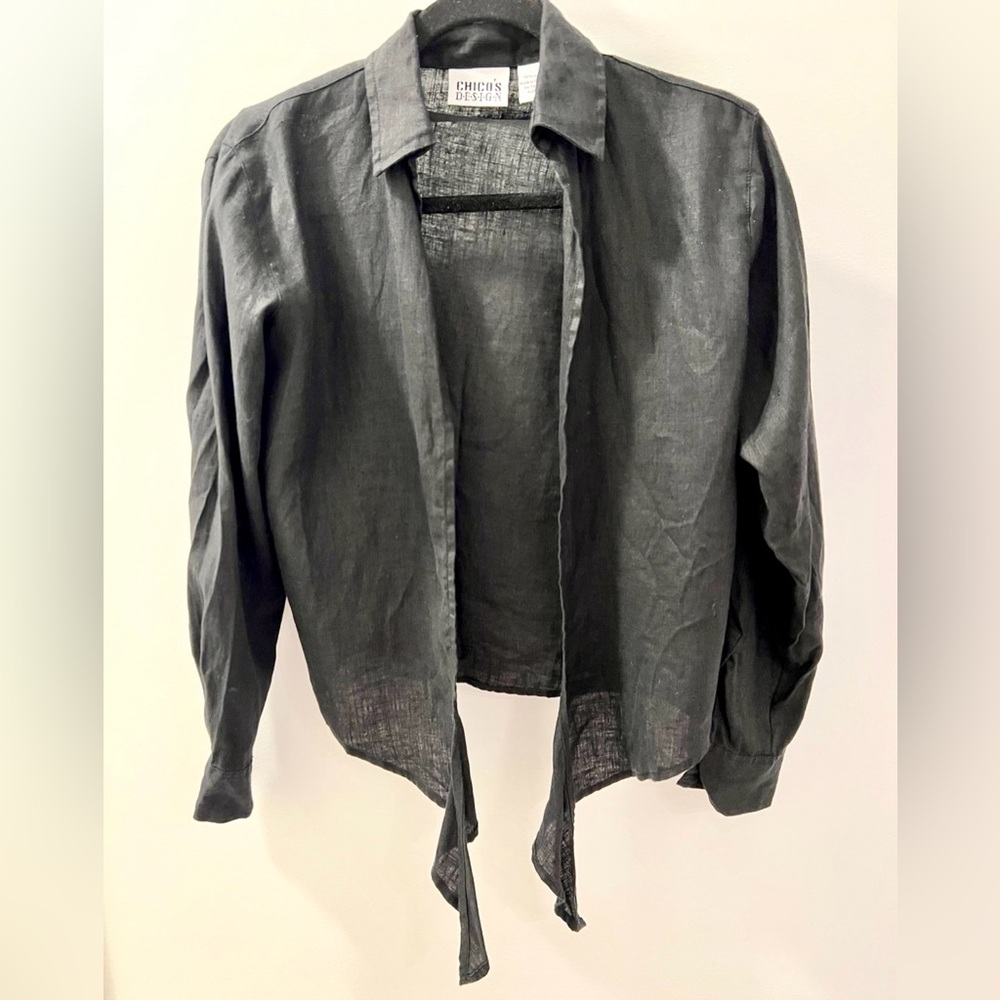 Turkish Linen Black Shirt Tie-Front Top Blouse Chico’s Size 0 Small